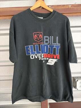 Vintage Bill Elliott #9 Dodge Overdrive Power NASCAR Graphic T-Shirt Black